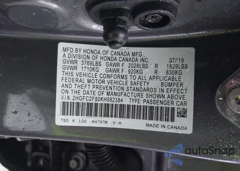 2019 Honda Civic Sport from USA, damaged, VIN 2HGFC2F80KH582384
